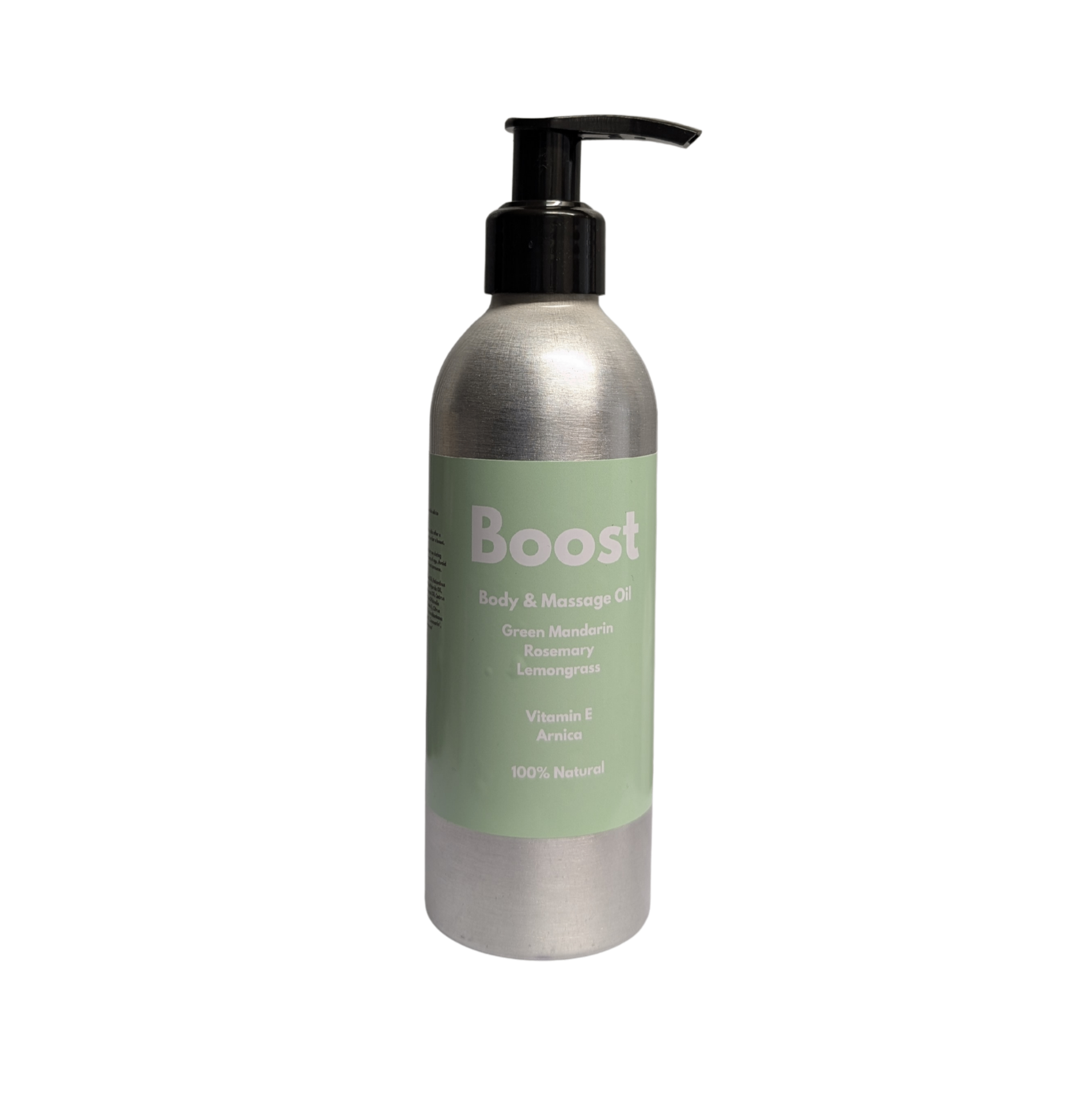 Pepperfit Boost Body & Massage Oil in a 200ml aluminium pump bottle with a green label.