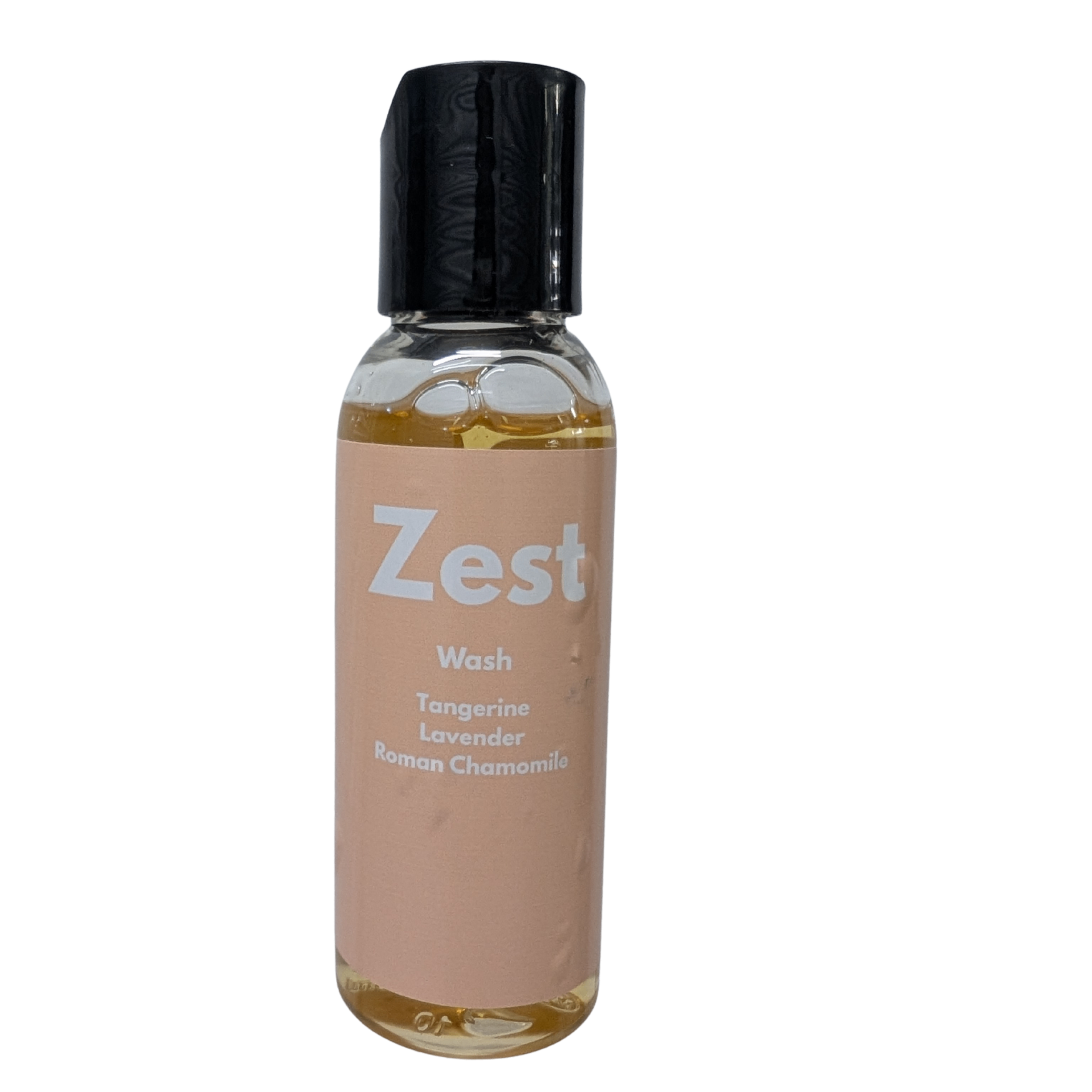 Pepperfit Zest Wash in a clear bottle with a peach label and black cap.